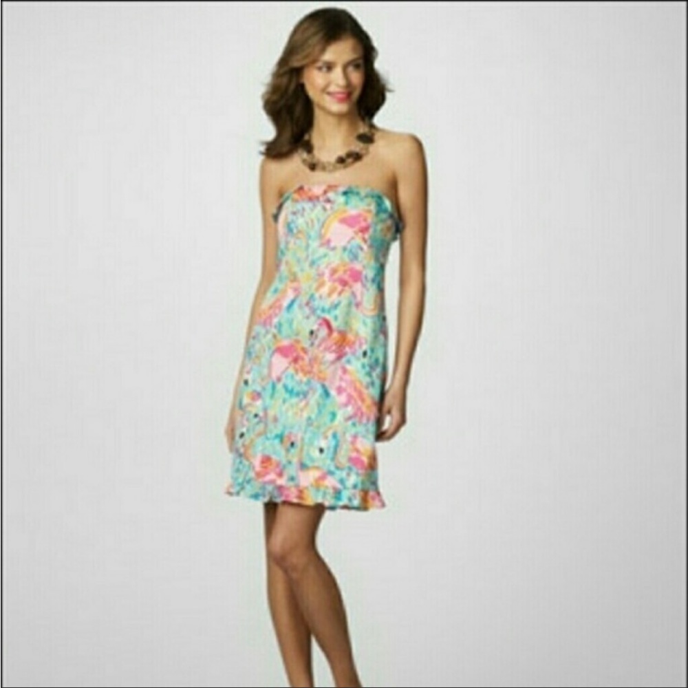 Lilly Pulitzer Wyatt Strapless Mini Dress‎ in Flamingo Print Size 0